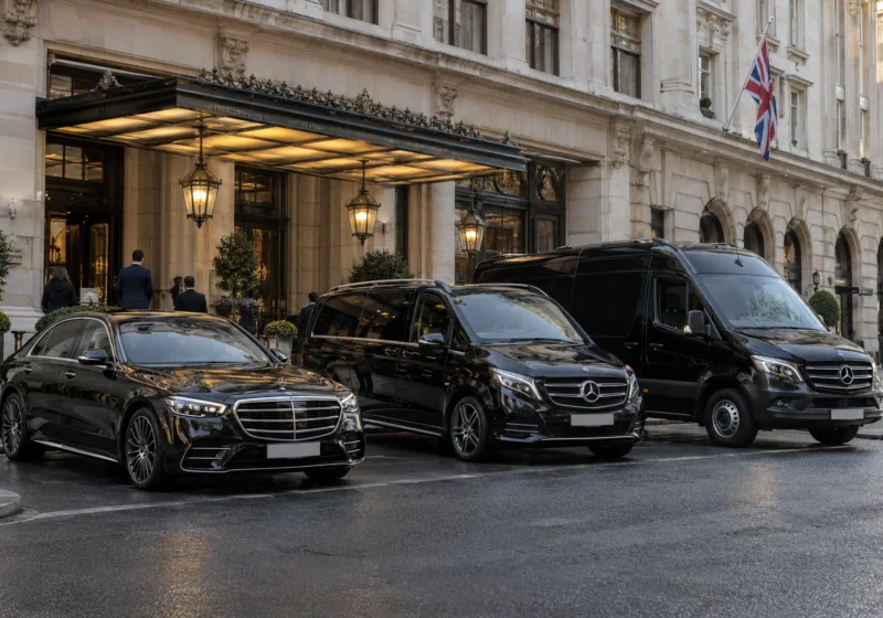 Black Mercedes S-Class, V-Class and Sprinter minibus lined up outside a London venue