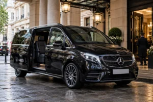 Black Mercedes-Benz V-Class MPV with sliding door open outside a London hotel portico