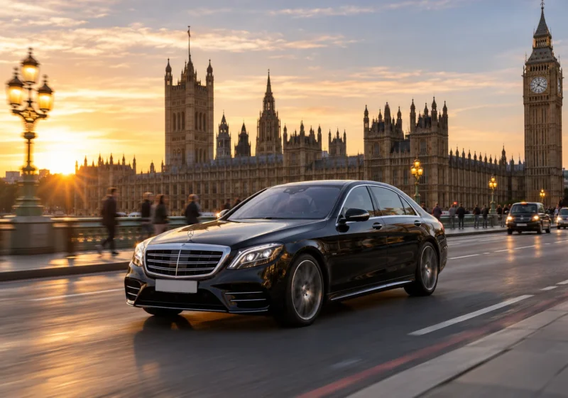 Black Mercedes on Westminster Bridge with the Houses of Parliament at golden hour