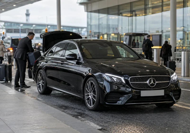 Chauffeur loading luggage into a black Mercedes at an airport terminal