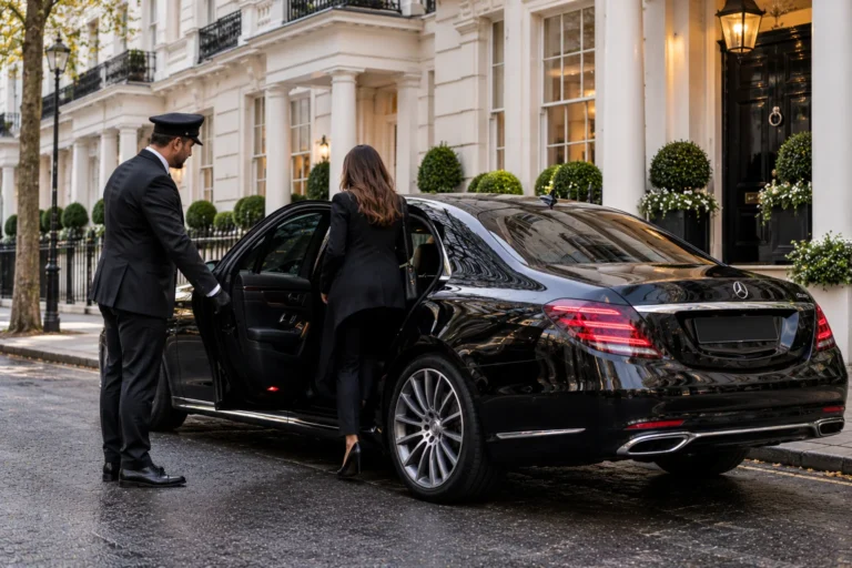 Chauffeur holding the rear door of a black Mercedes on a London Georgian street