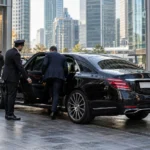 Business executives stepping into a black Mercedes S-Class in Canary Wharf