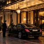 Black Mercedes S-Class under a luxury London hotel entrance canopy at night